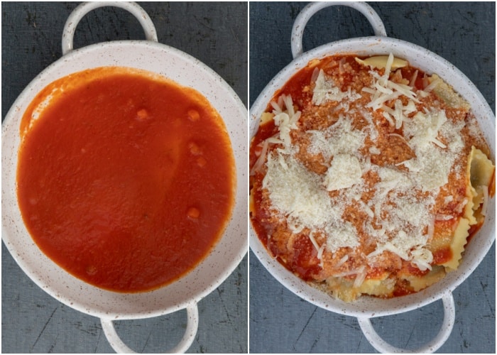 Sauce in the pan and ravioli and cheese on top.