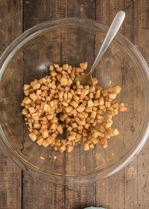 The chopped apples and cinnamon in the bowl.
