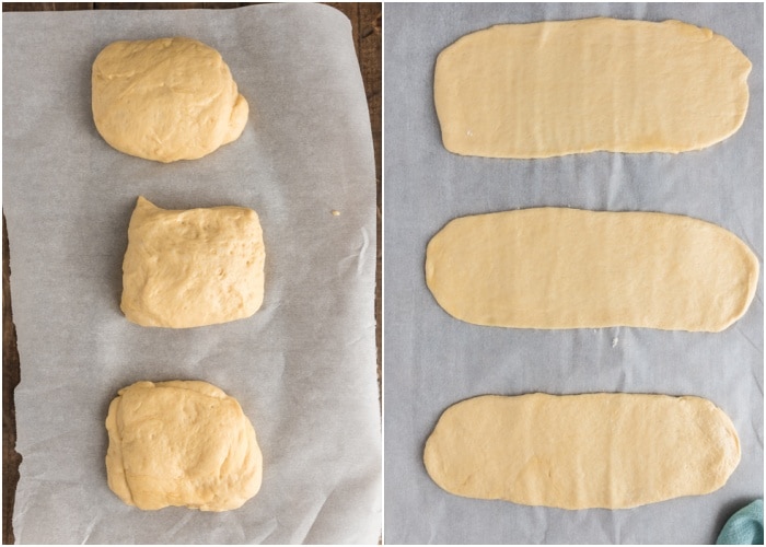 The dough divided in three and rolled into ovals.