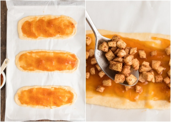 The ovals spread with jam and top with the apples.