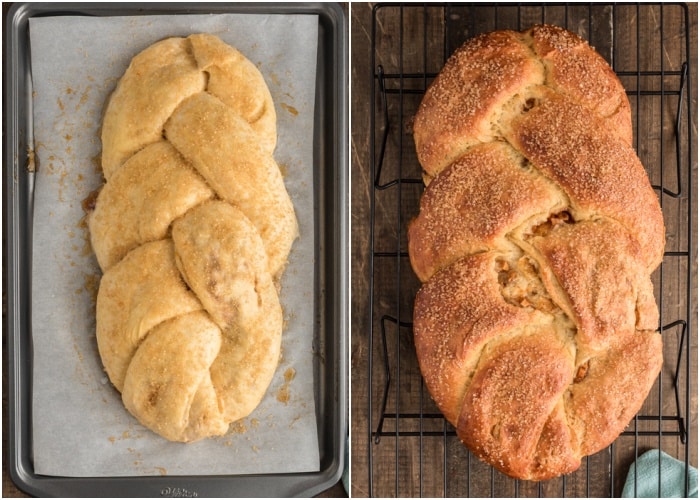 The dough risen and after baked on a baking sheet.