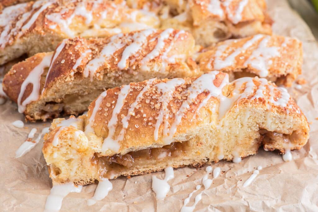 Three slices of apple braid bread.