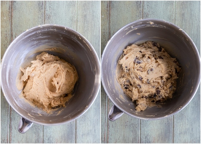 Adding the dry to the wet ingredients in the mixing bowl.