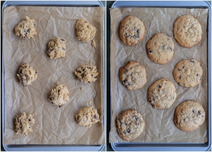 The cookies unbaked and baked on a baking sheet.
