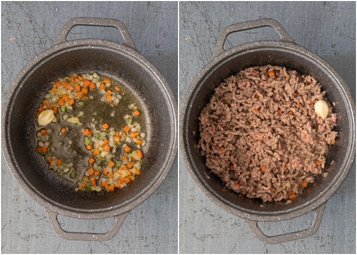 Cooking the veggies and the ground beef.