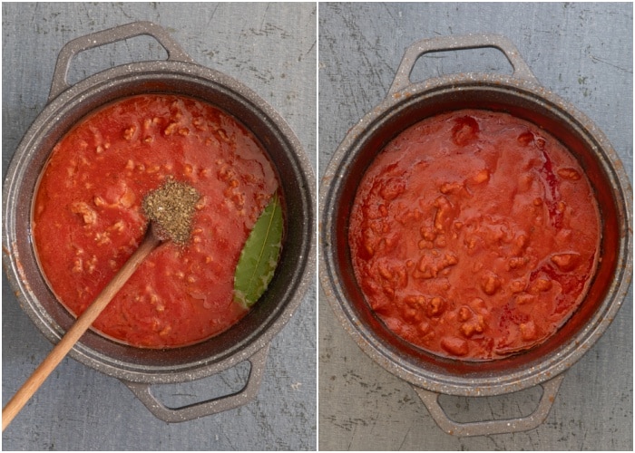 Adding the tomato sauce until thickened.