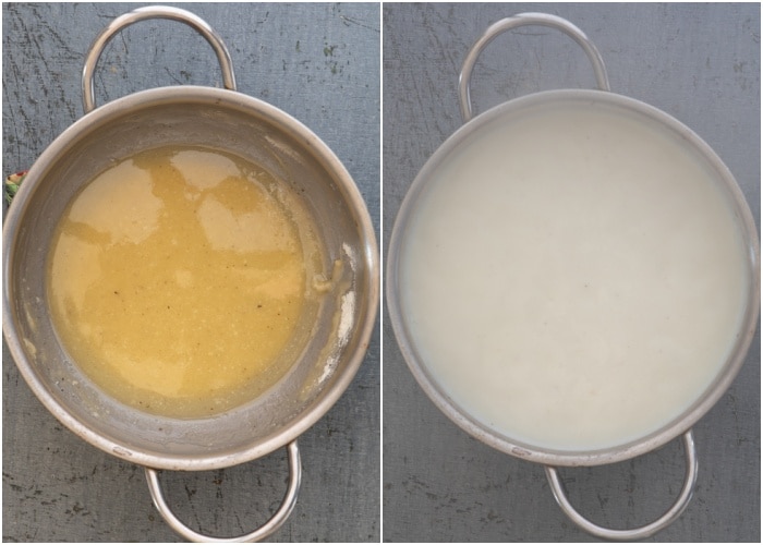 Cooking the white sauce in the pan.