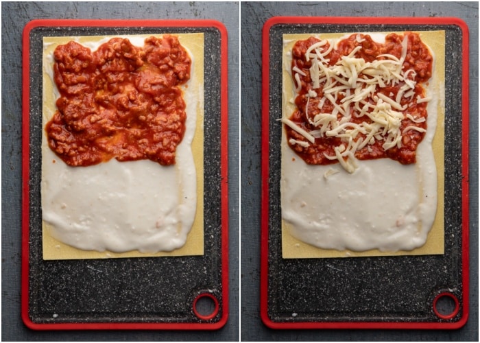 The sauce and the cheese on the noodles.