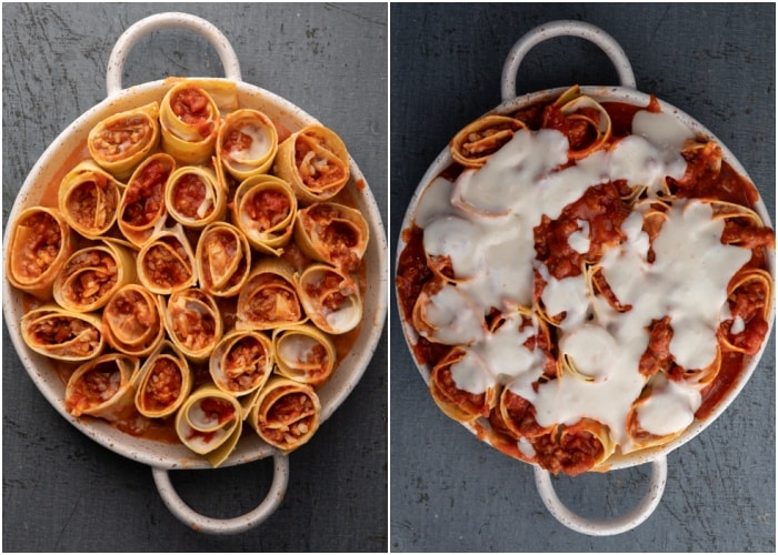 The lasagna noodles with the sauce and white sauce in the pan.