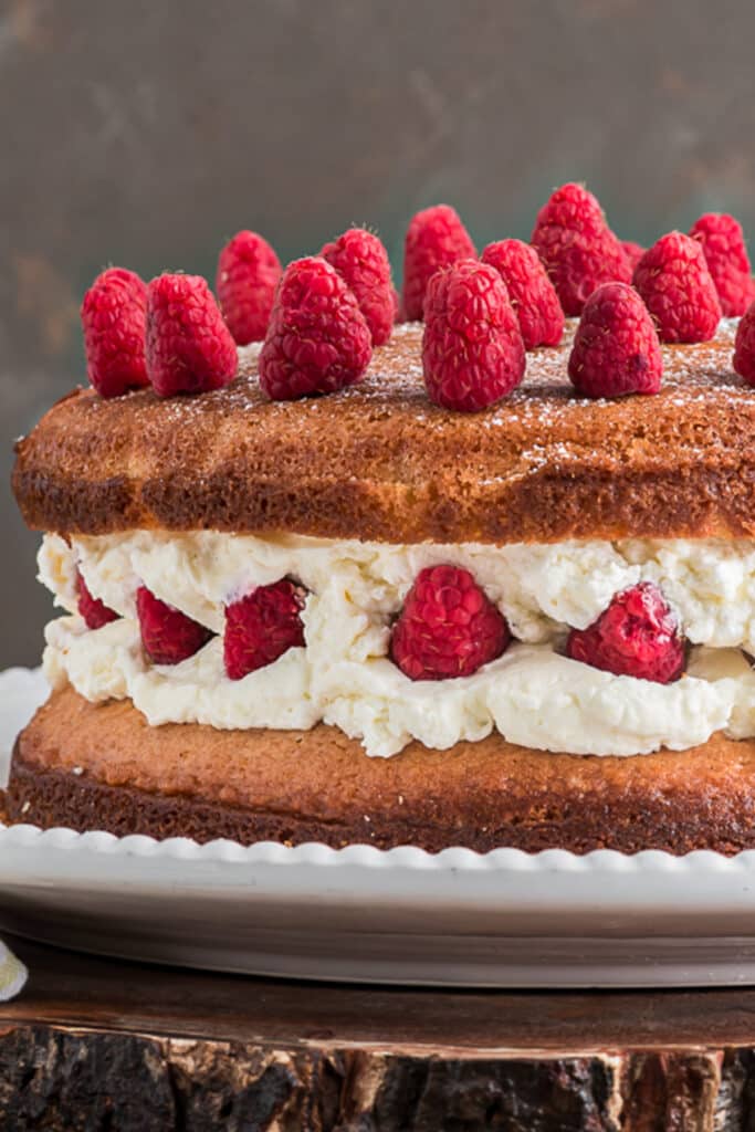 Layered cheesecake on a white plate.