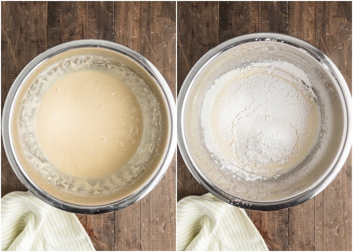 The wet ingredients mixed and the dry ingredients whisked.