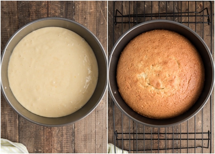 The cake before and after baked in the pan.
