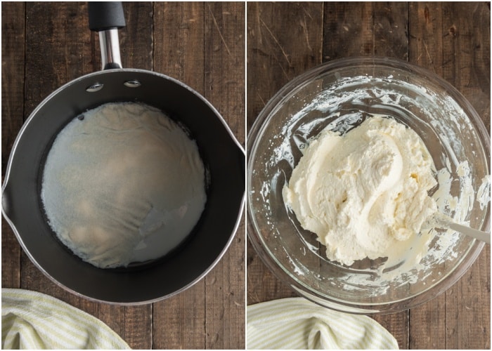 Making the gelatine and mixing in the filling.
