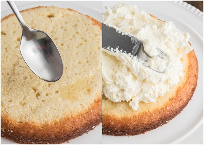 Spooning the syrup on the cake and spreading with the filling.