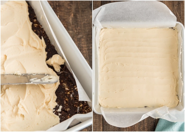 The filling spread on the pan.