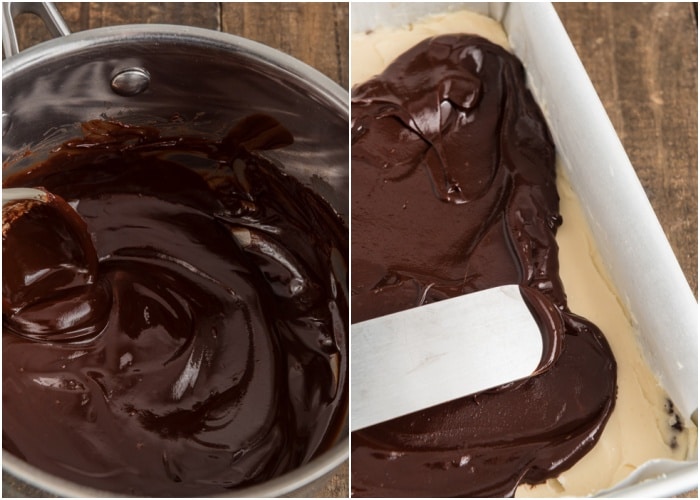 Spreading the melted chocolate on the second layer.
