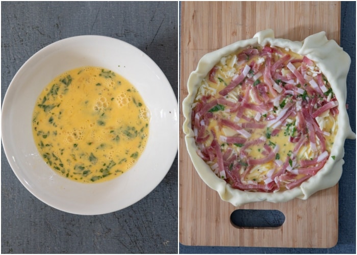 Beating the egg mixture and in the crust.