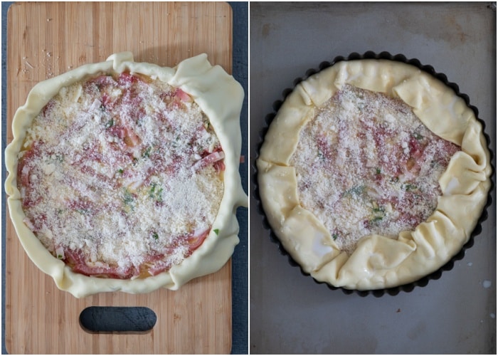 The parmigiano on the filling and the dough folded over.