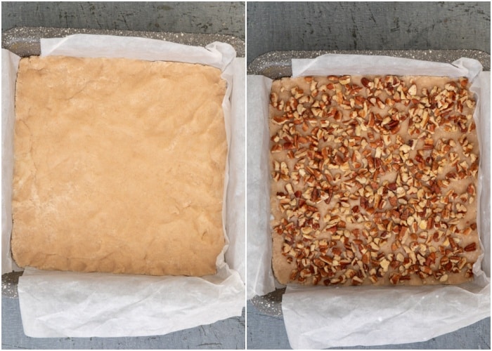 The dough in the pan and with the pecans on top.