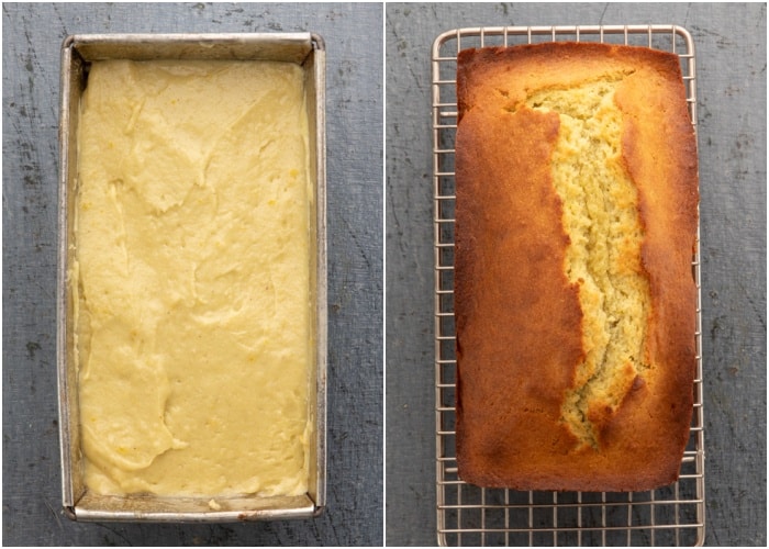 The bread before and after baked in the loaf pan.