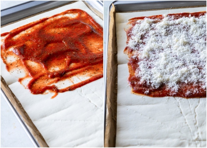 Spreading the sauce and parmigiano on half the puff pastry.