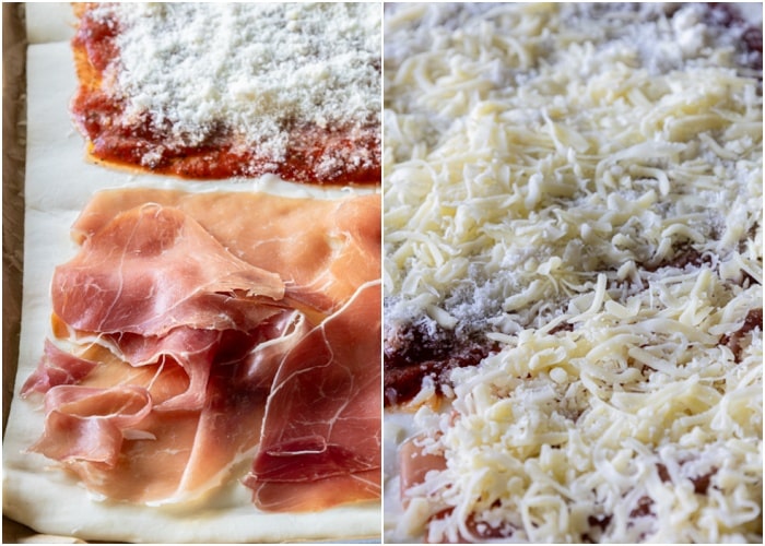 Placing the prosciutto on the other half and topping with shredded cheese.