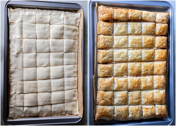 The puff pastry appetizers before and after baked.
