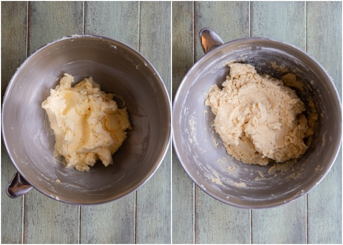 Creaming the butter in the bowl and making the dough.