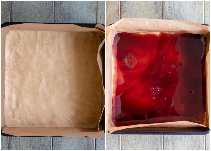 The dough in the pan with the jam on top.