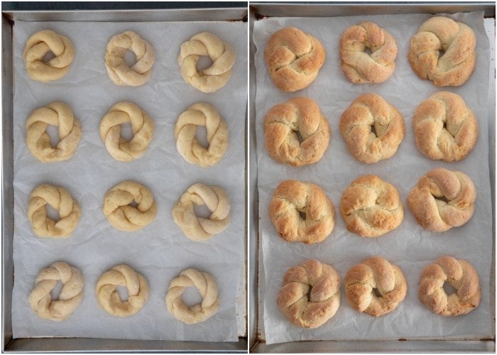 The cookies before and after baked.