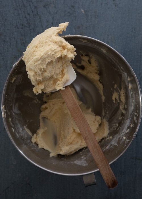 The batter whipped and on a spatula.
