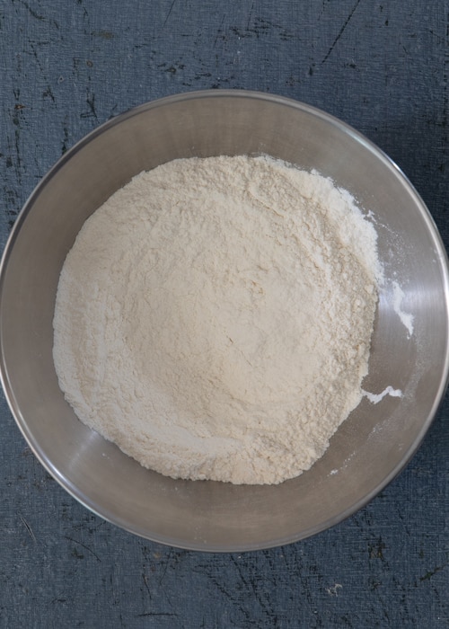 The dry ingredients whisked in a bowl.