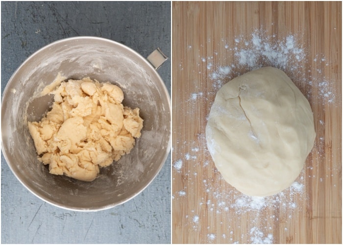 Adding the dry ingredients and the dough on a wooden board.