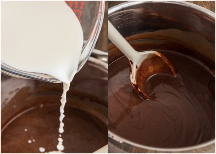The chocolate mixture with milk and cooked.