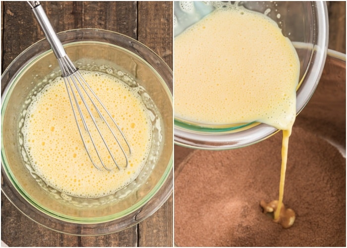 The custard in the bowl and pouring into the pot.