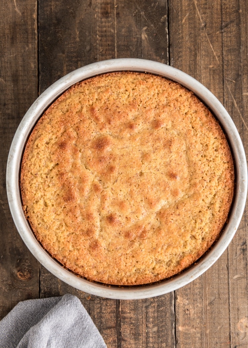 The baked cake in the pan.