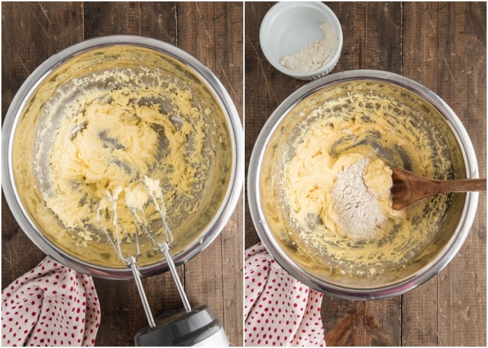 Making the batter in the mixing bowl.