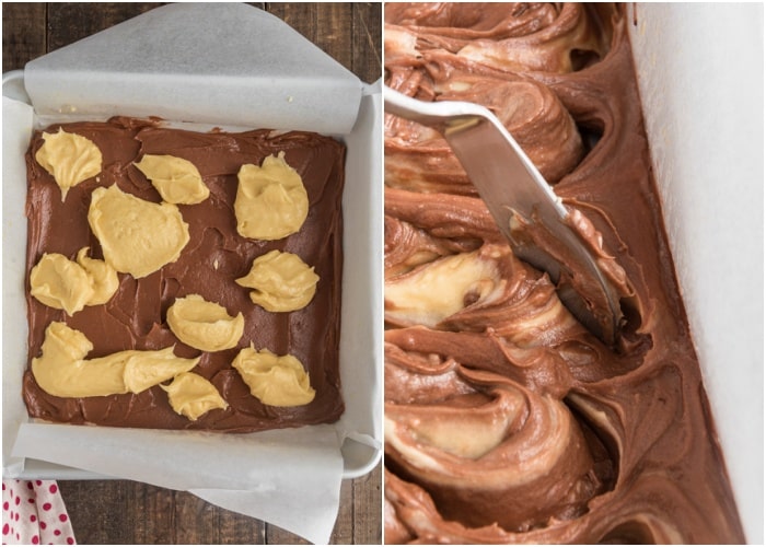 Both batters in the pan and swirled.