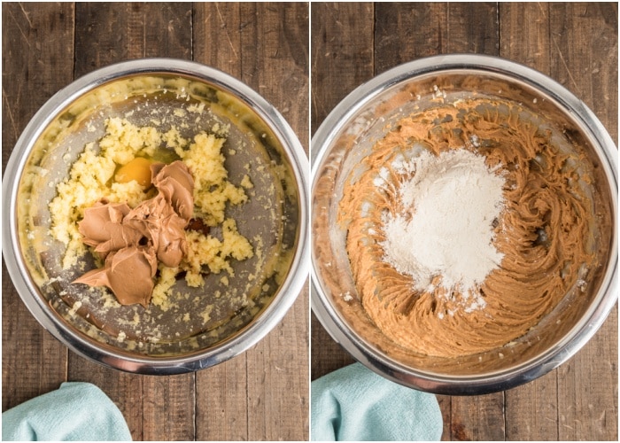 Mixing the wet ingredients and adding the dry.