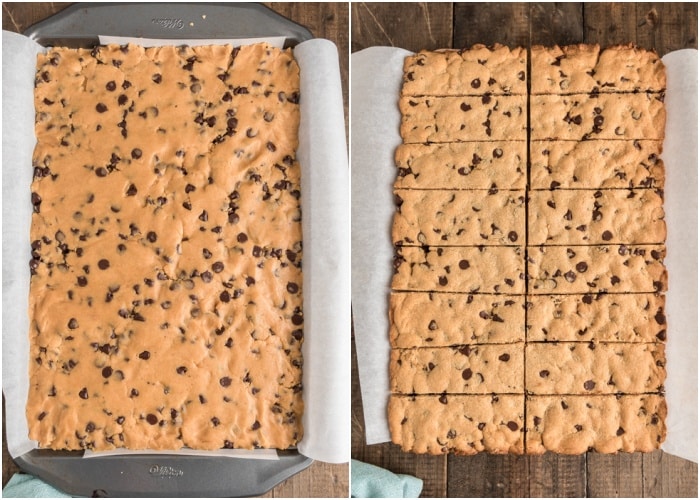 The bars before and after baked in the pan.