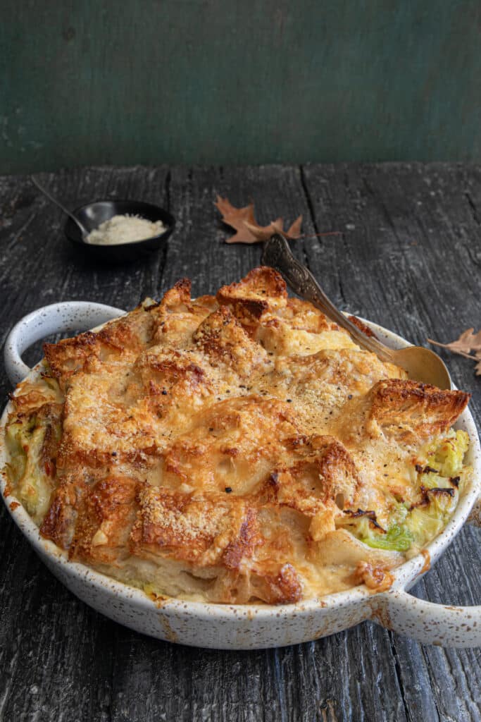 Cabbage soup in the white dish.