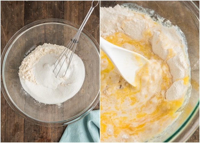 Whisking the dry ingredients in a glass bowl and adding the wet ingredients.