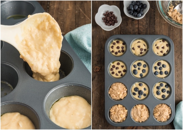 Putting the batter in the pan and toppings on top.