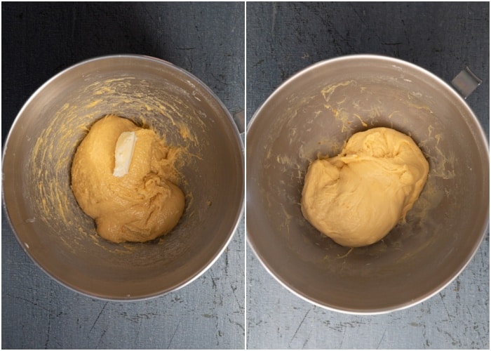 Mixing the dough in the mixing bowl.