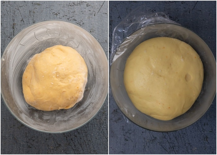 The dough in a glass bowl before and after rising.