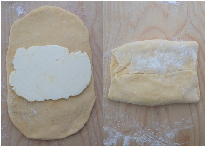 the dough rolled into a rectangle and then folded over the butter.