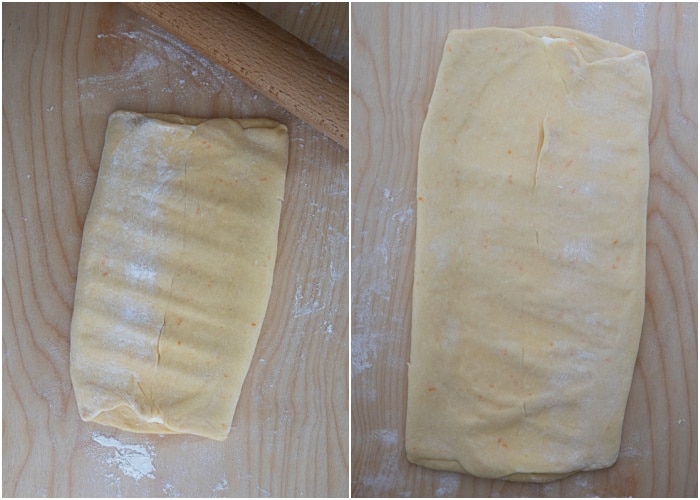 Patting the dough with a rolling pin for form a rectangle.