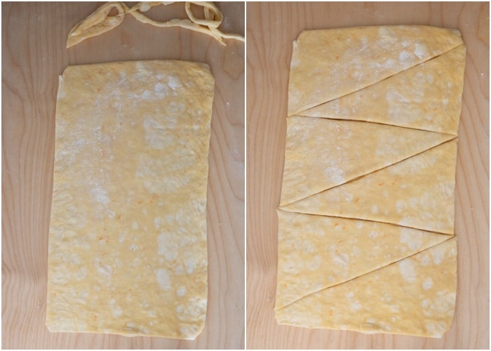 The dough trimmed and cut into rectangles.