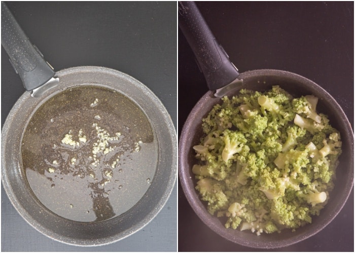 Cooking the garlic and broccoli in the pan.