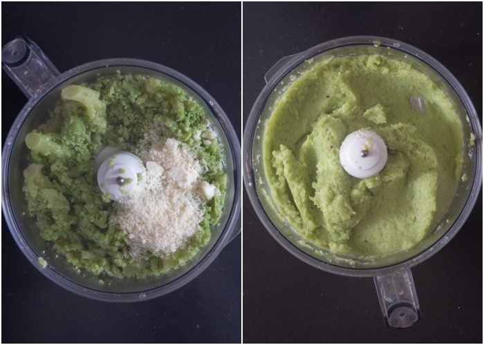 The broccoli and parmigiano before and after blended in the food processor.